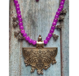 Purple Glass Beads and Metal Pendant Necklace Set with Thread Closure