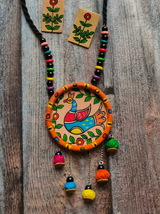 Hand-Painted Peacock on Fabric Necklace Set with Wooden Beads