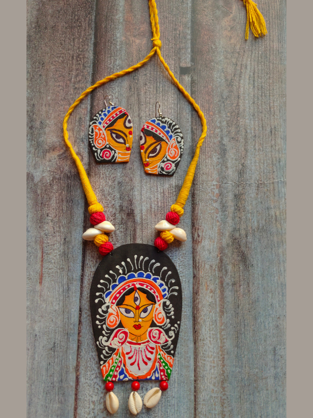 Hand Painted Durga Fabric Necklace Set with Shells