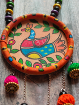 Hand-Painted Peacock on Fabric Necklace Set with Wooden Beads