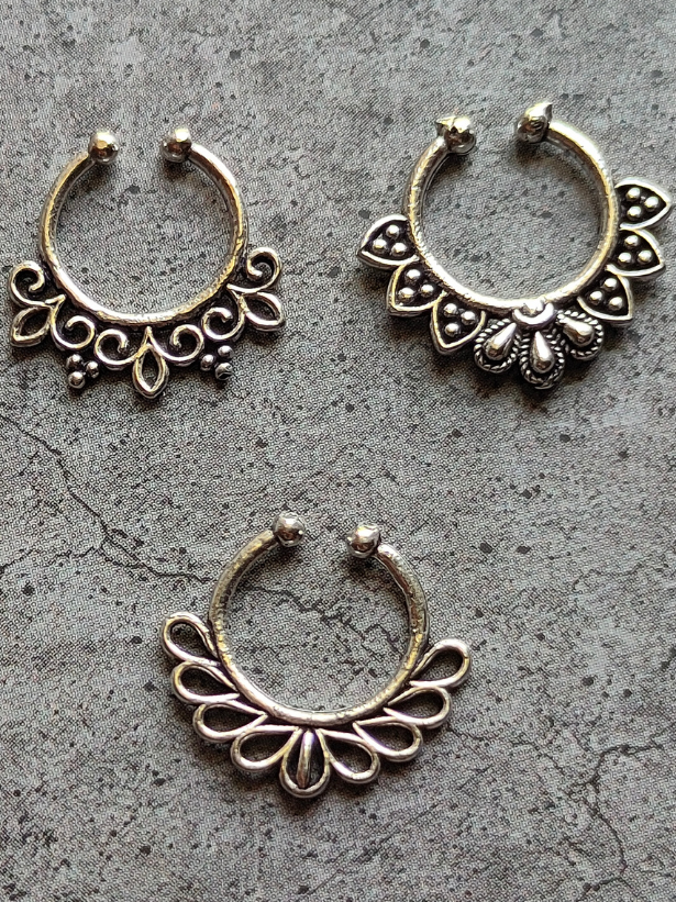 Three Oxidised Silver-Plated Stone Studded Tribal Septum Nosepins