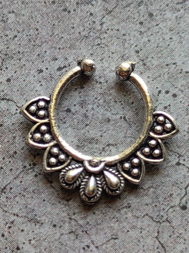 Three Oxidised Silver-Plated Stone Studded Tribal Septum Nosepins