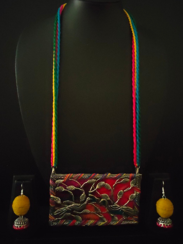 Handcrafted Fabric Necklace Set with Intricately Detailed Peacock Motifs and Rope Closure
