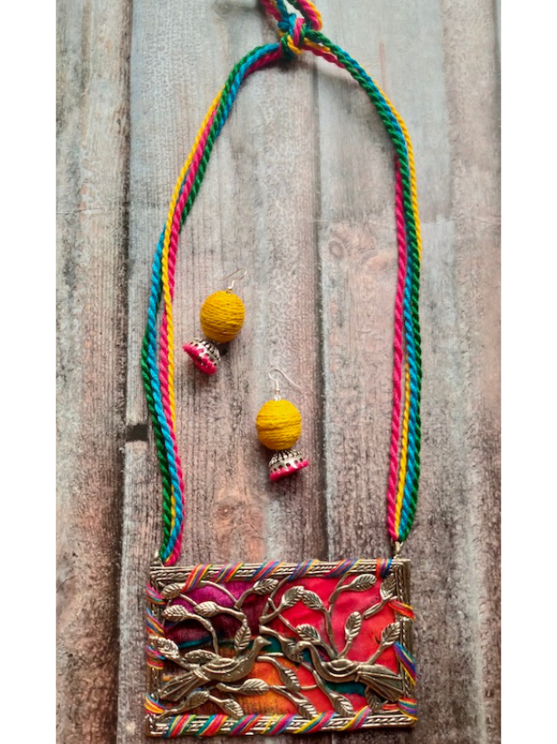 Handcrafted Fabric Necklace Set with Intricately Detailed Peacock Motifs and Rope Closure