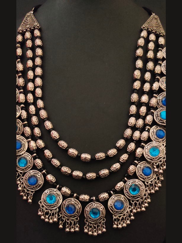 3 Layer Blue Stones Oxidised Silver Necklace Set with Thread Closure