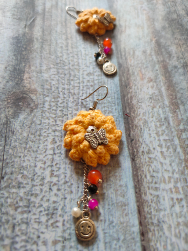 Yellow Hand Knitted Crochet Dangler Earrings with Metal Charms