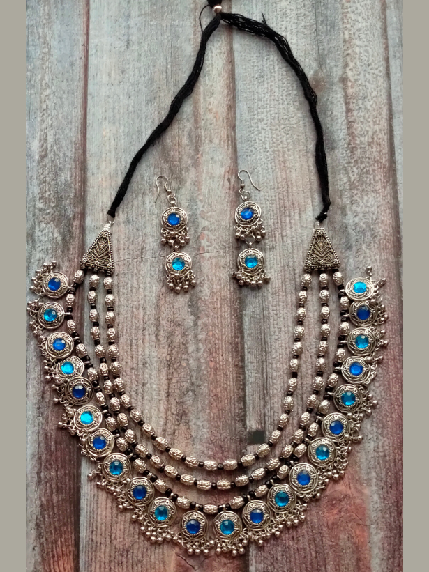 3 Layer Blue Stones Oxidised Silver Necklace Set with Thread Closure