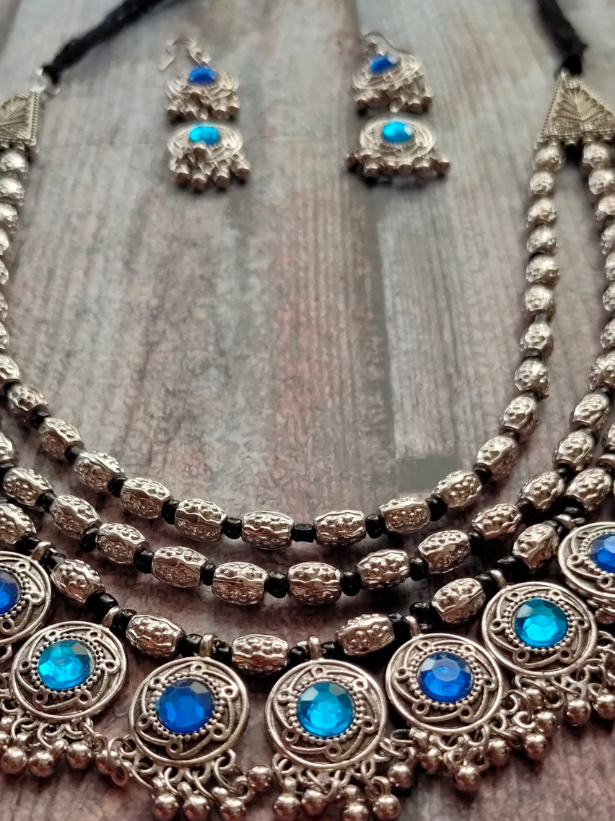 3 Layer Blue Stones Oxidised Silver Necklace Set with Thread Closure