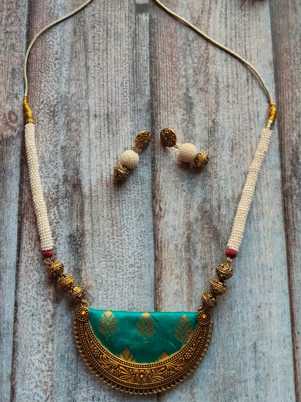 Fabric Necklace Set with Intricate Work Metal Pendant