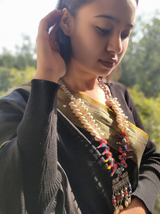 Shells, Thread Beads and Wooden Birds Long Chain Oxidised Silver Tribal Necklace