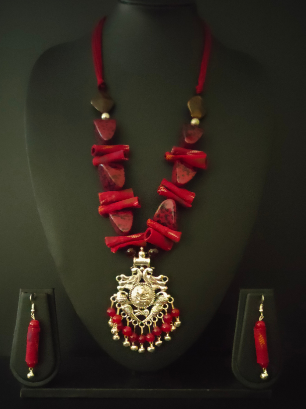 Statement Red Necklace Set with Tibetan Stones, Fabric and Ghungroos