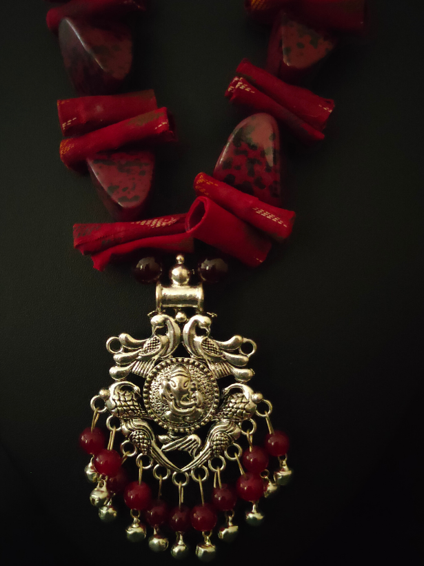 Statement Red Necklace Set with Tibetan Stones, Fabric and Ghungroos