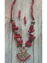 Statement Red Necklace Set with Tibetan Stones, Fabric and Ghungroos