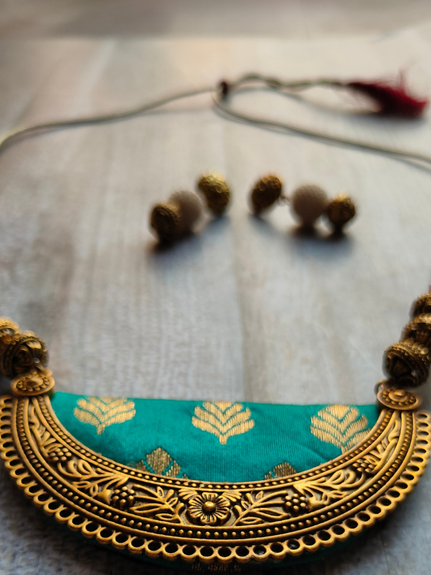 Fabric Necklace Set with Intricate Work Metal Pendant