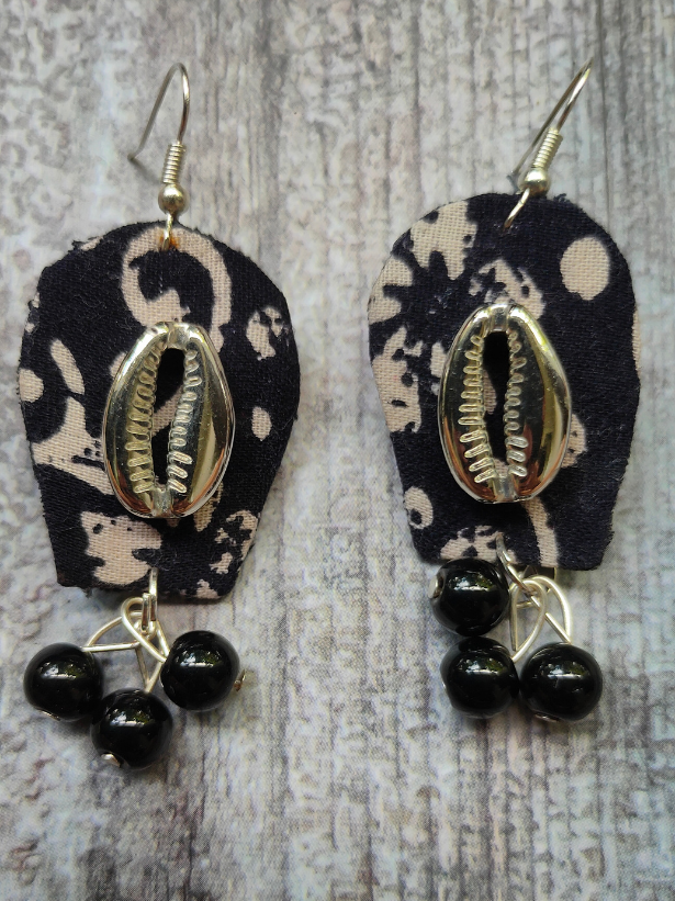 Black Fabric Dangler Earrings with Metal Shell and Glass Beads