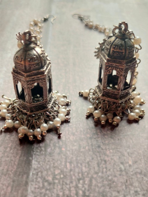 Mahal Shape Long Jhumka Earrings with Ear Chain