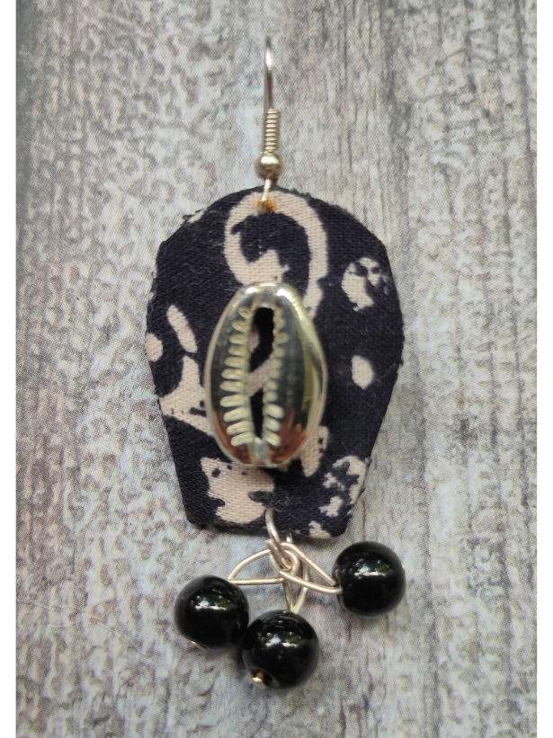 Black Fabric Dangler Earrings with Metal Shell and Glass Beads