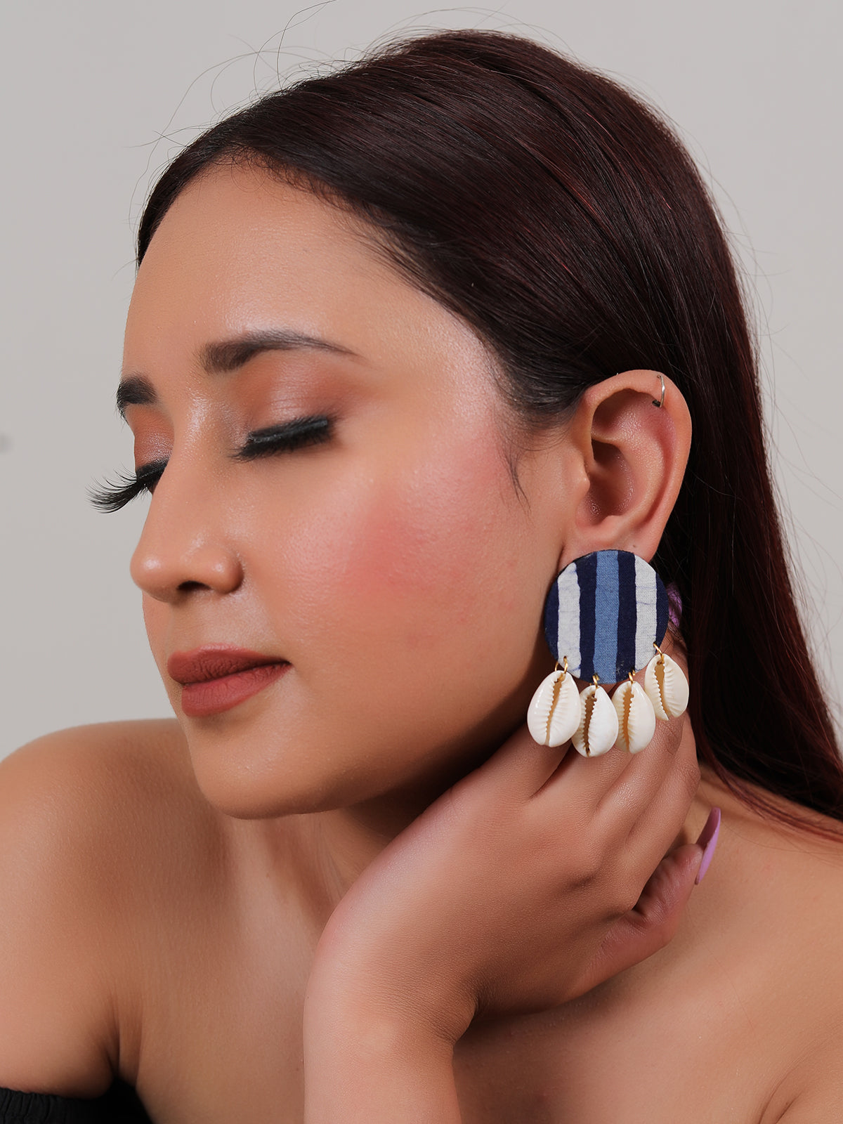 Indigo Fabric Earrings with Shells