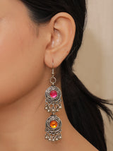 3 Layer Pink and Orange Oxidised Silver Necklace Set with Thread Closure