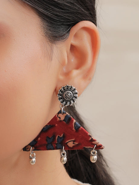 Kalamkari Fabric Earrings with Metal Charms