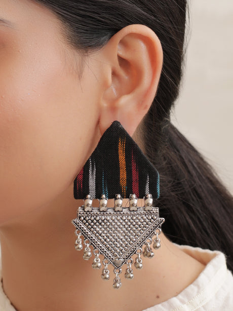 Black Ikat Fabric Earrings with Metal Detailing