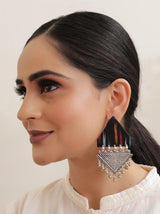 Black Ikat Fabric Earrings with Metal Detailing