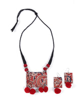 Handcrafted Kalamkari Fabric Necklace Set with Pom Pom