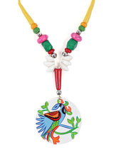 Hand Painted Peacock Wooden Necklace Set with Shells and Thread Closure