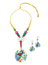 Hand Painted Peacock Wooden Necklace Set with Shells and Thread Closure