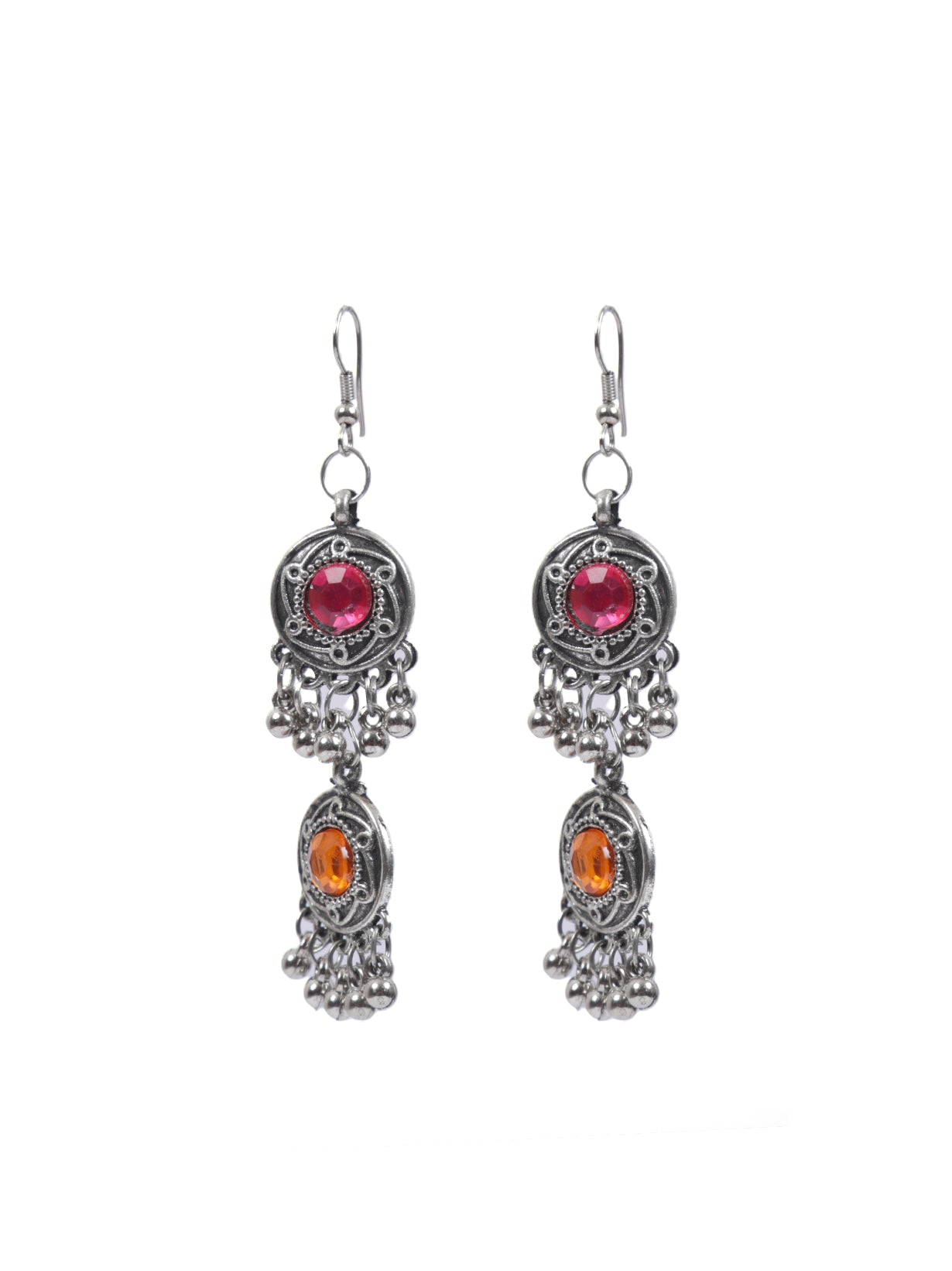 3 Layer Pink and Orange Oxidised Silver Necklace Set with Thread Closure