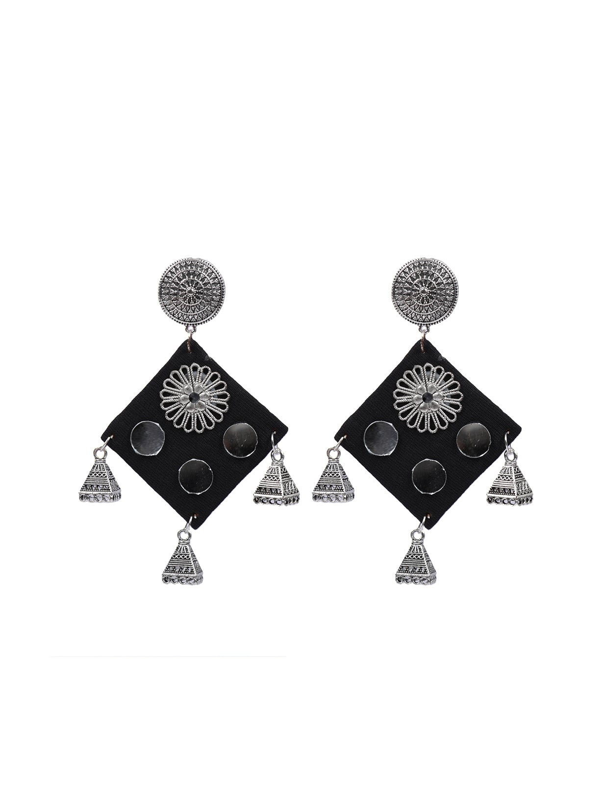 Fabric and Mirror Work Black Dangler Earrings with Metal Trinkets