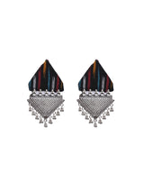 Black Ikat Fabric Earrings with Metal Detailing