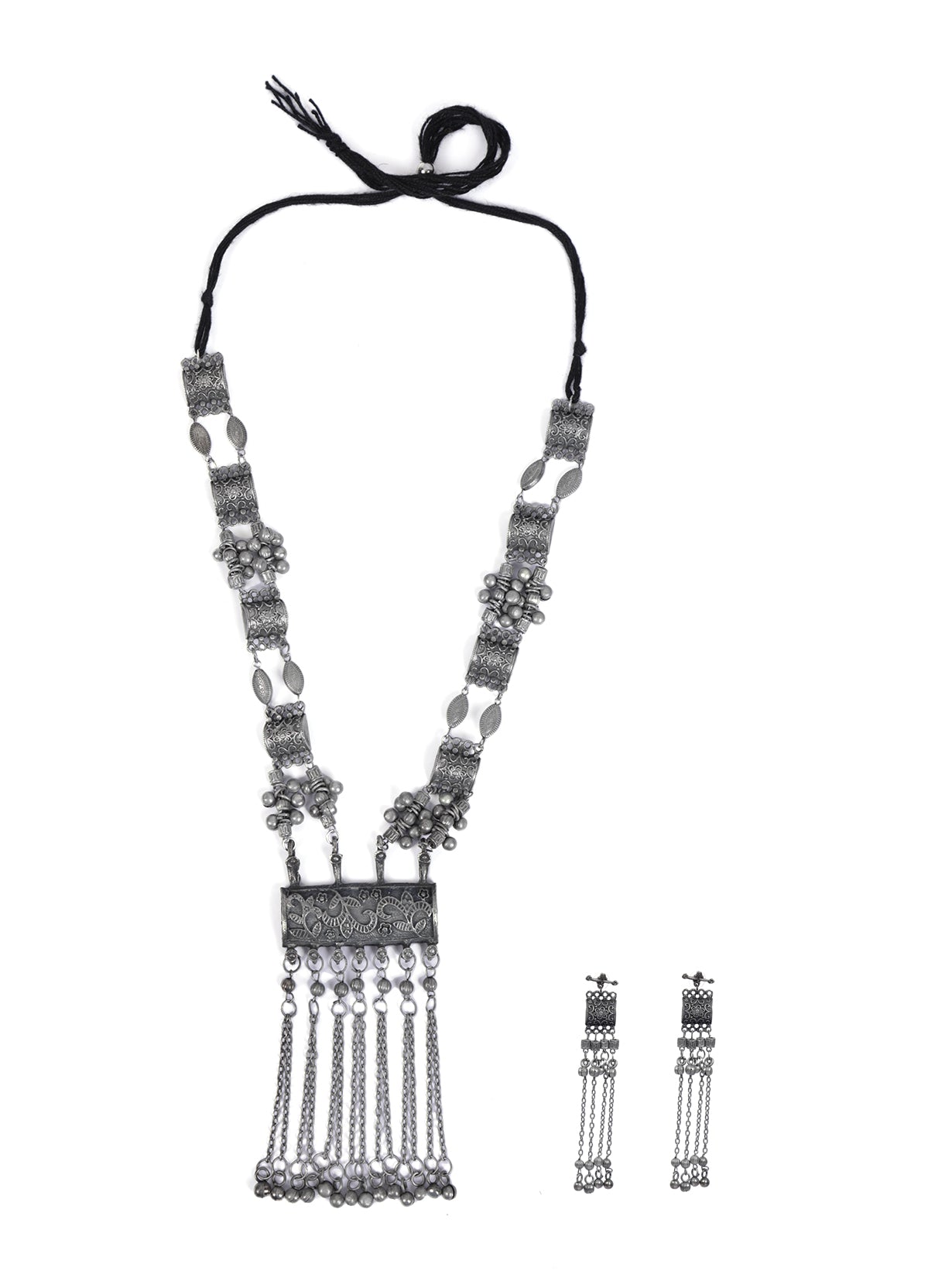 Oxidised Silver Long Tribal Necklace Set