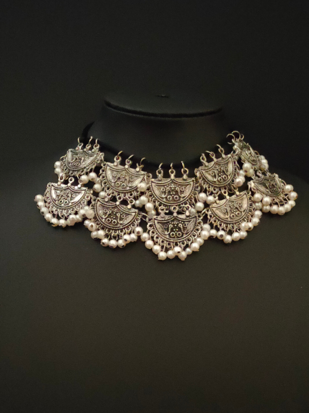 2 Layer Oxidised Silver Choker Necklace with Thread Closure