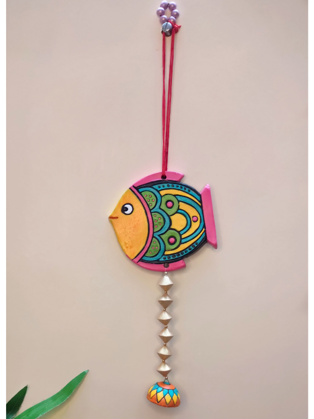 Handmade and Hand-Painted Yellow Fish Terracotta Wall Hanging