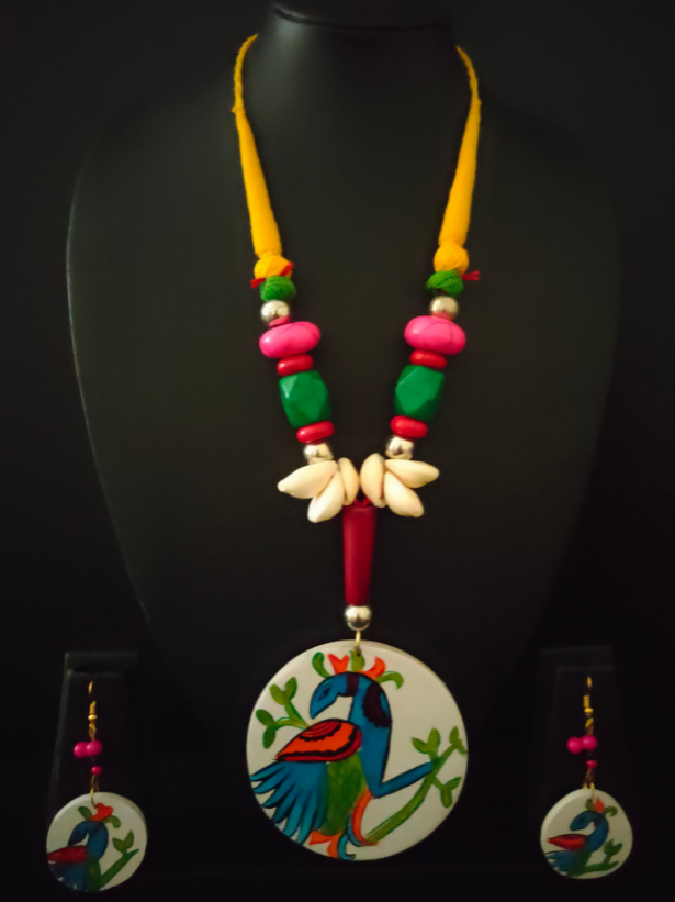 Hand Painted Peacock Wooden Necklace Set with Shells and Thread Closure