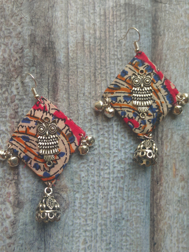 Kalamkari Fabric Earrings with Metal Owl and Ghungroos