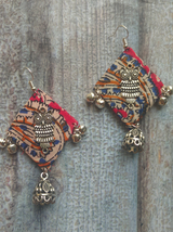 Kalamkari Fabric Earrings with Metal Owl and Ghungroos