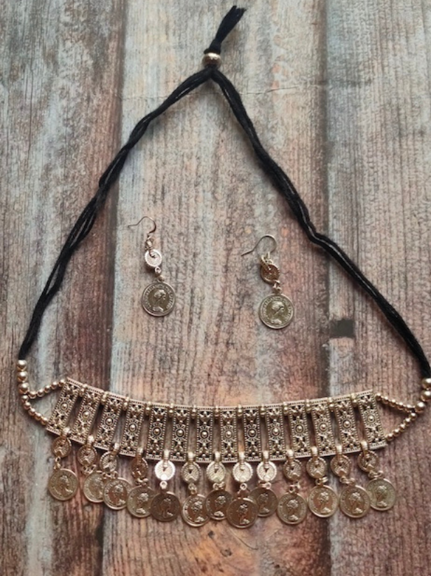 Metal Choker Necklace Set with Stamped Coins Strands