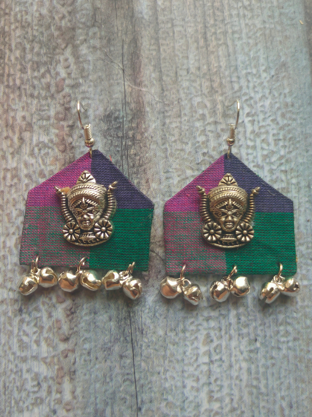 Fabric Earrings with Goddess Motif and Ghungroos