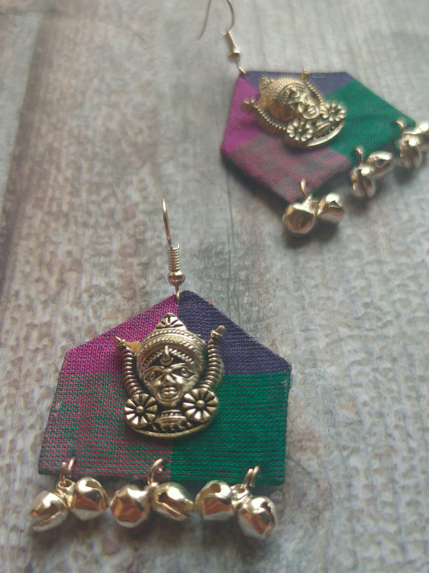 Fabric Earrings with Goddess Motif and Ghungroos