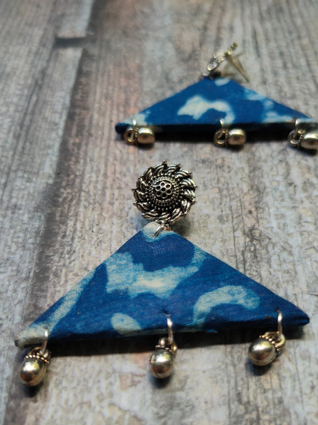 Indigo Fabric Earrings with Metal Charms