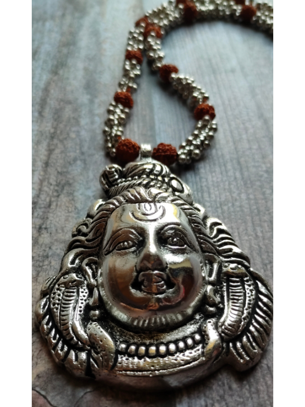 Lord Shiva Silver Rudraksha Beads and Metal Beads Necklace