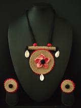 Fabric, Jute & Shell Work Handcrafted Necklace Set with Thread Closure