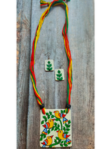 Hand Painted Birds Ceramic Necklace Set with Multi-Color Thread Closure