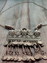 Long Chain Metal Necklace with Multiple Coin Strands