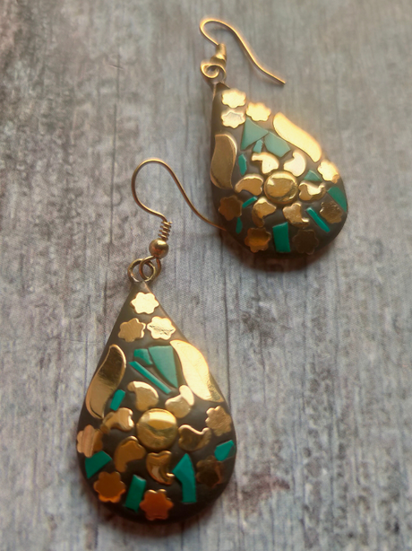 Black and Turquoise Tibetan Drop Earrings with Gold Detailing