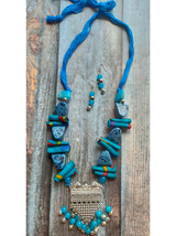 Statement Blue Necklace Set with Tibetan Stones, Fabric and Ghungroos