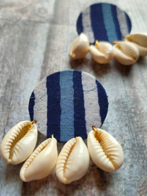 Indigo Fabric Earrings with Shells