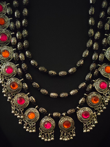 3 Layer Pink and Orange Oxidised Silver Necklace Set with Thread Closure